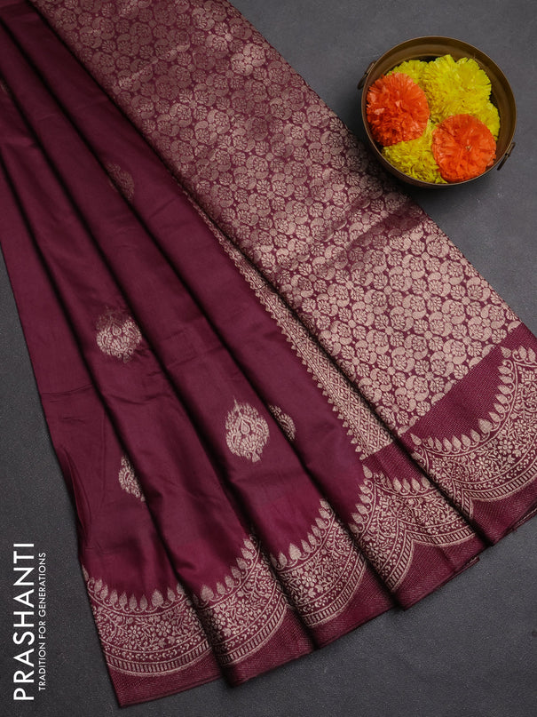 Semi chanderi saree deep wine with alllover zari woven buttas and zari woven border