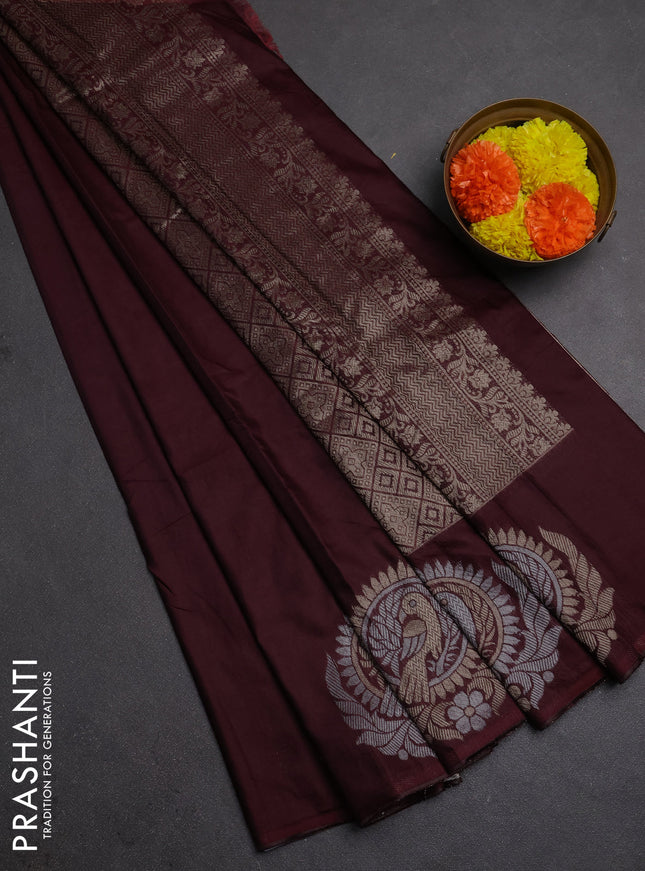 Semi chanderi saree wine shade with plain body and zari woven border