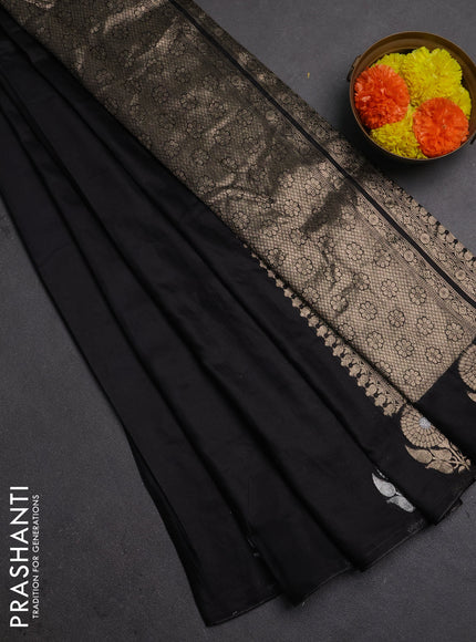 Semi chanderi saree black with plain body and zari woven border