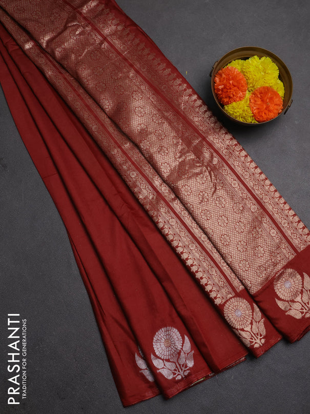 Semi chanderi saree maroon with plain body and zari woven border