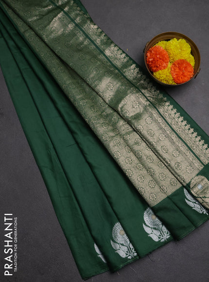 Semi chanderi saree green with plain body and zari woven border