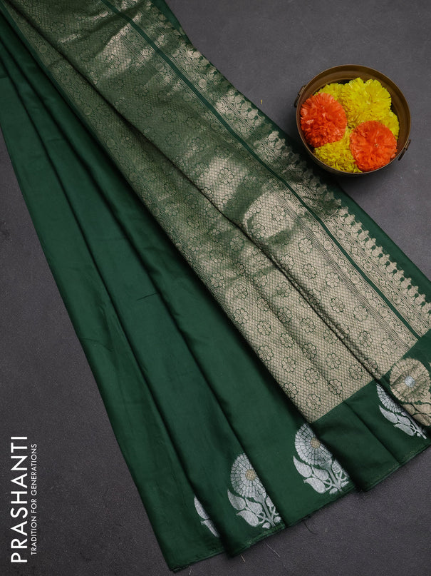 Semi chanderi saree green with plain body and zari woven border