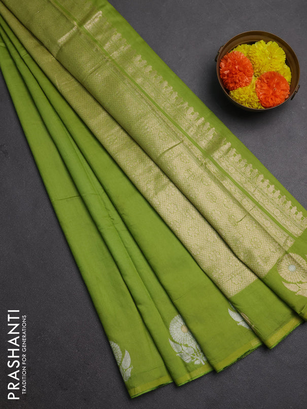 Semi chanderi saree light green with plain body and zari woven border