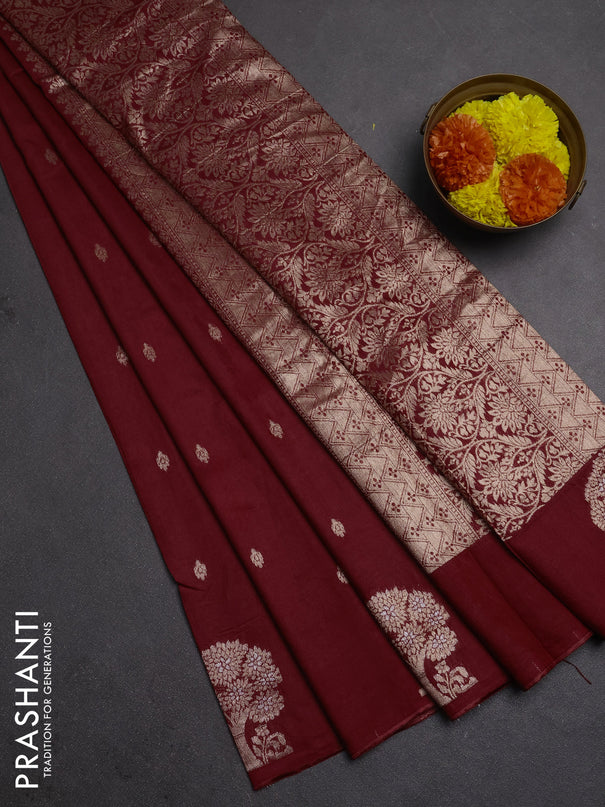 Semi chanderi saree maroon with allover zari woven buttas and zari woven border