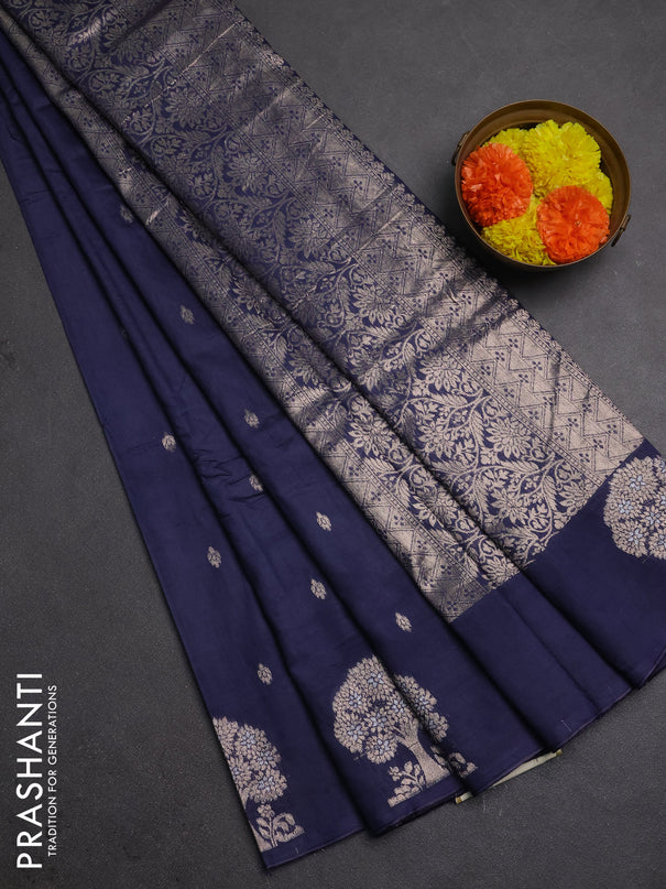 Semi chanderi saree navy blue with allover zari woven buttas and zari woven border