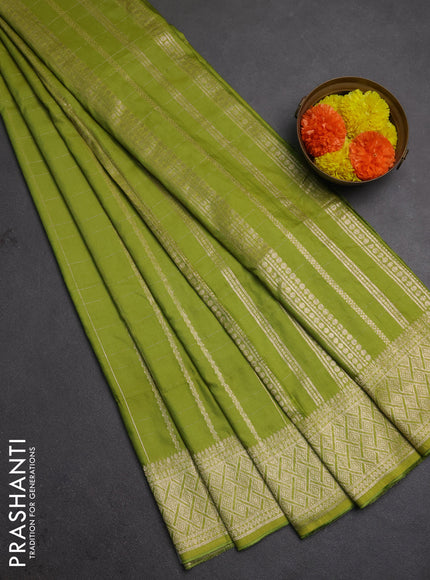 Semi chanderi saree light green with allover zari checked pattern and zari woven border