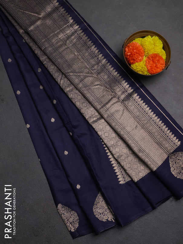 Semi chanderi saree navy blue with allover zari woven buttas and zari woven butta border