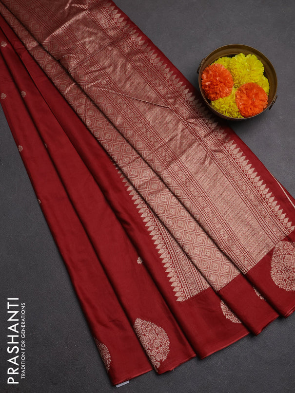 Semi chanderi saree maroon with allover zari woven buttas and zari woven butta border