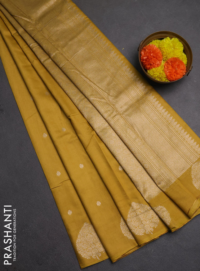Semi chanderi saree mustard yellow with allover zari woven buttas and zari woven butta border