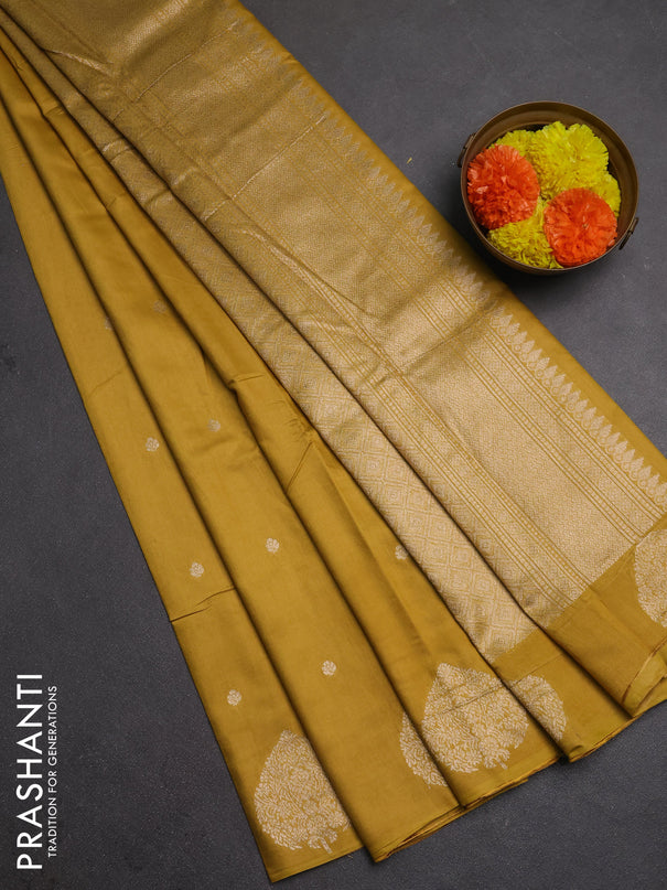 Semi chanderi saree mustard yellow with allover zari woven buttas and zari woven butta border