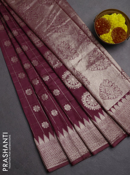 Semi chanderi saree deep wine shade with allover zari checks & buttas and zari woven border