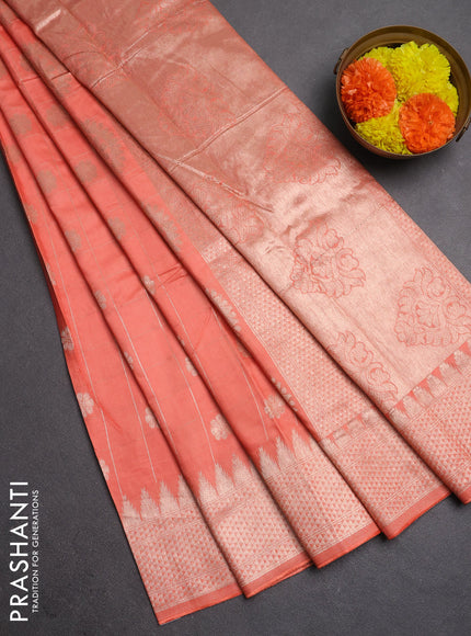 Semi chanderi saree orange with allover zari checks & buttas and zari woven border