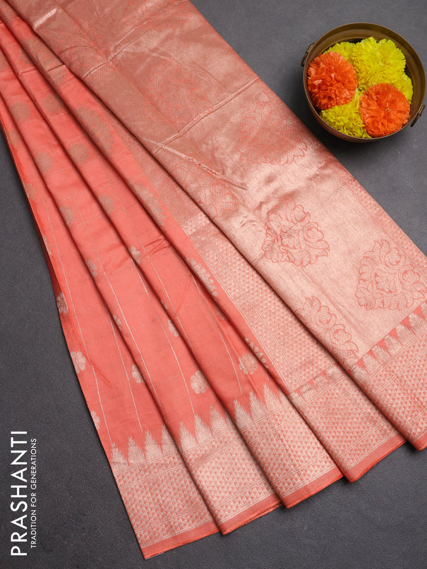 Semi chanderi saree orange with allover zari checks & buttas and zari woven border