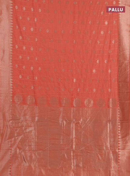 Semi chanderi saree orange with allover zari checks & buttas and zari woven border