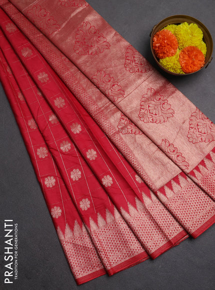 Semi chanderi saree tomato pink with allover zari checks & buttas and zari woven border