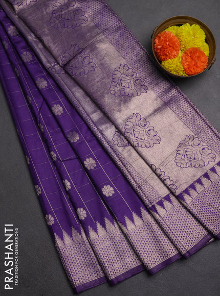Semi chanderi saree violet with allover zari checks & buttas and zari woven border
