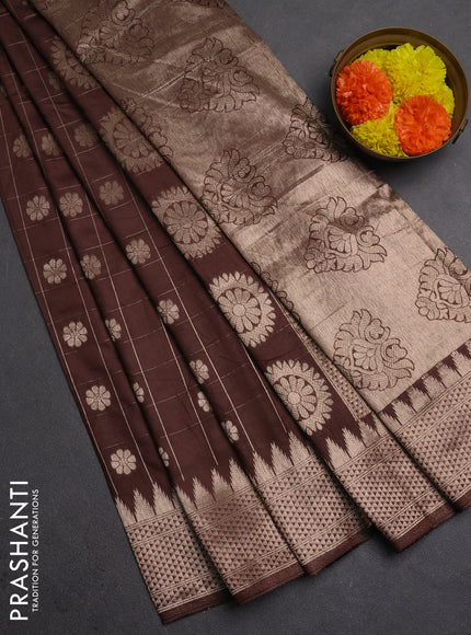 Semi chanderi saree brown with allover zari checks & buttas and zari woven border
