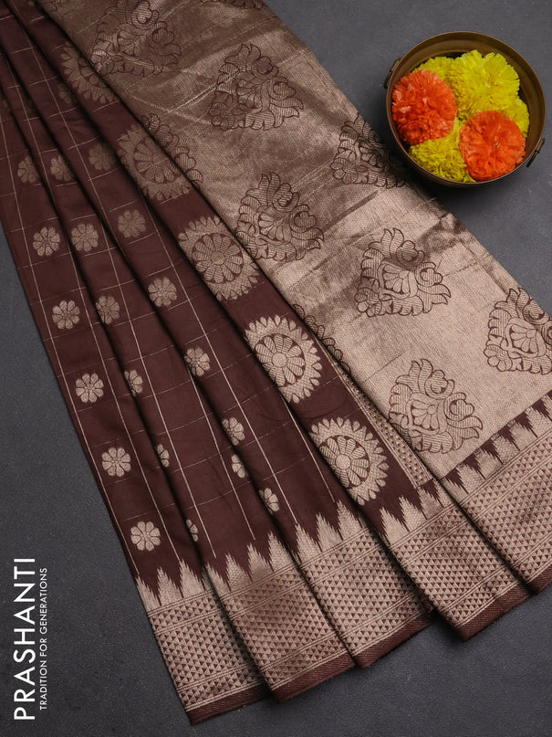 Semi chanderi saree brown with allover zari checks & buttas and zari woven border