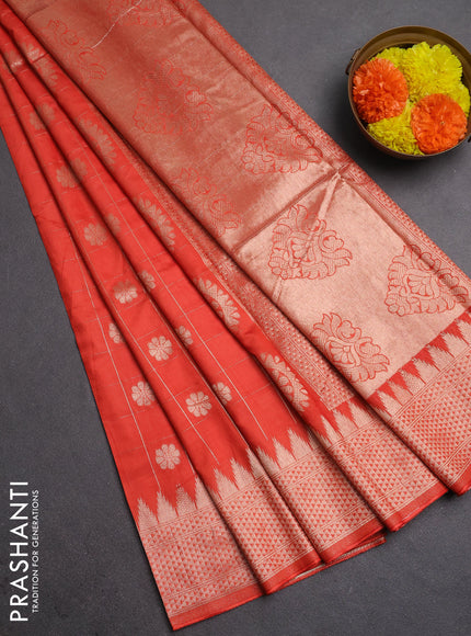 Semi chanderi saree orange with allover zari checks & buttas and zari woven border