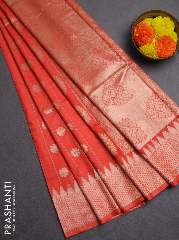 Semi chanderi saree orange with allover zari checks & buttas and zari woven border