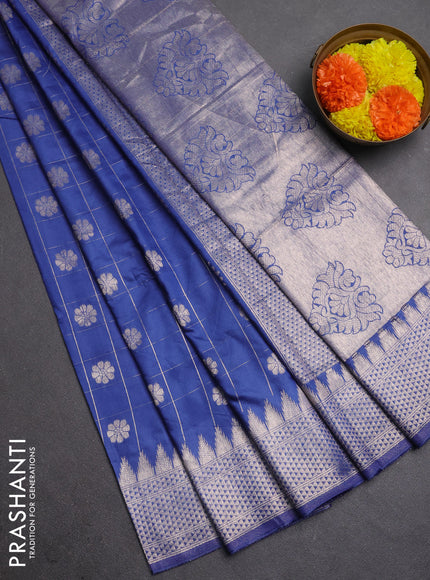 Semi chanderi saree blue shade with allover zari checks & buttas and zari woven border