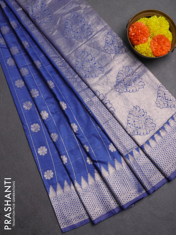 Semi chanderi saree blue shade with allover zari checks & buttas and zari woven border