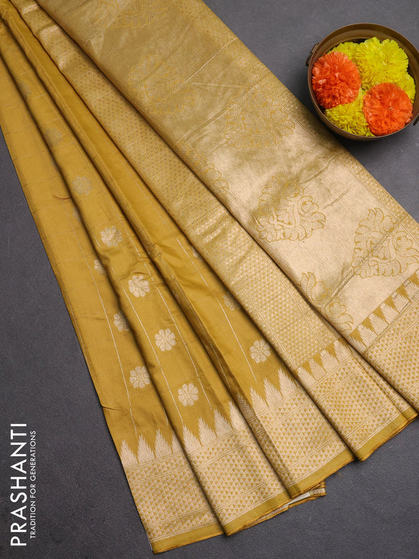Semi chanderi saree mustard yellow with allover zari checks & buttas and zari woven border