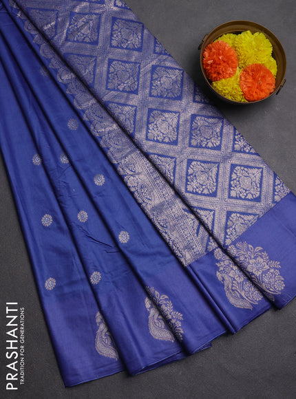 Semi chanderi saree blue shade with allover zari woven buttas and zari woven butta border
