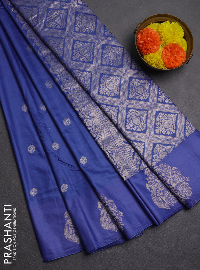Semi chanderi saree blue shade with allover zari woven buttas and zari woven butta border
