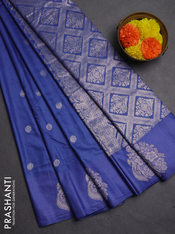 Semi chanderi saree blue shade with allover zari woven buttas and zari woven butta border