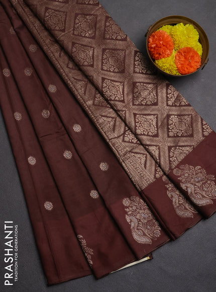 Semi chanderi saree brown with allover zari woven buttas and zari woven butta border