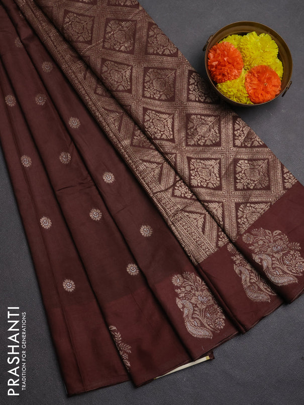 Semi chanderi saree brown with allover zari woven buttas and zari woven butta border
