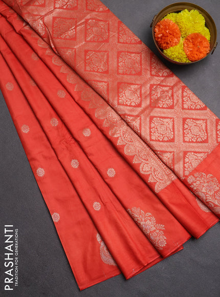 Semi chanderi saree orange with allover zari woven buttas and zari woven butta border