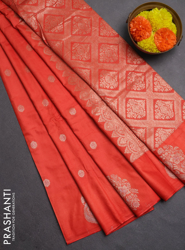 Semi chanderi saree orange with allover zari woven buttas and zari woven butta border
