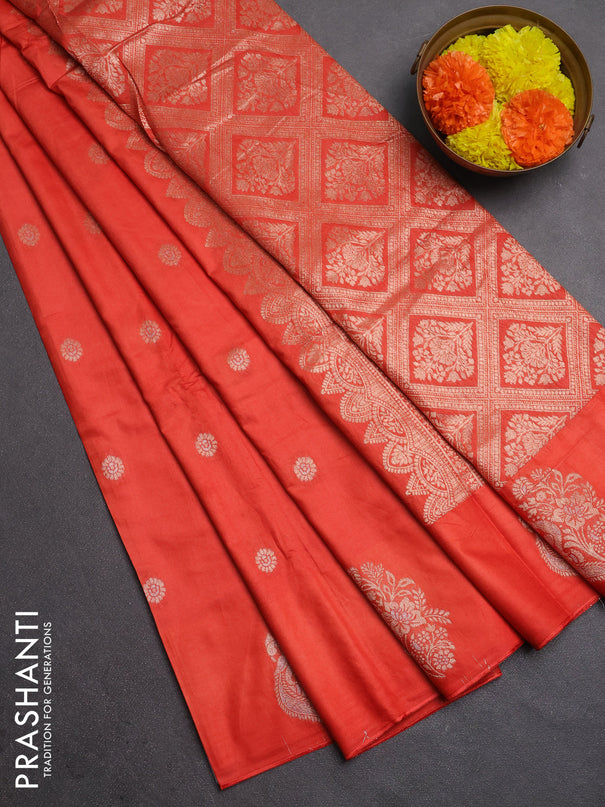 Semi chanderi saree orange with allover zari woven buttas and zari woven butta border