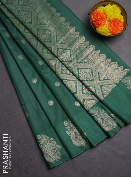 Semi chanderi saree green shade with allover zari woven buttas and zari woven butta border