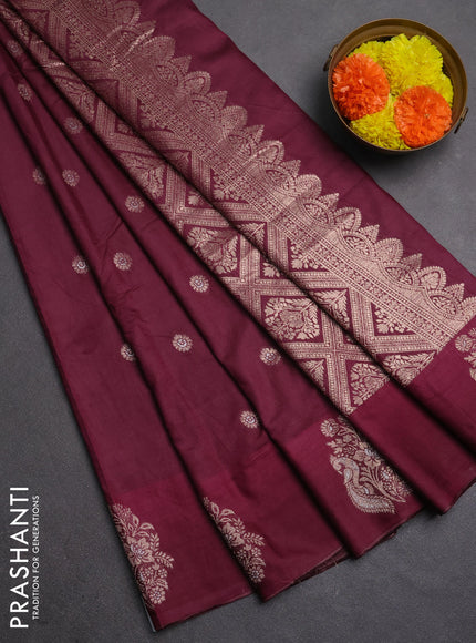 Semi chanderi saree wine shade with allover zari woven buttas and zari woven butta border