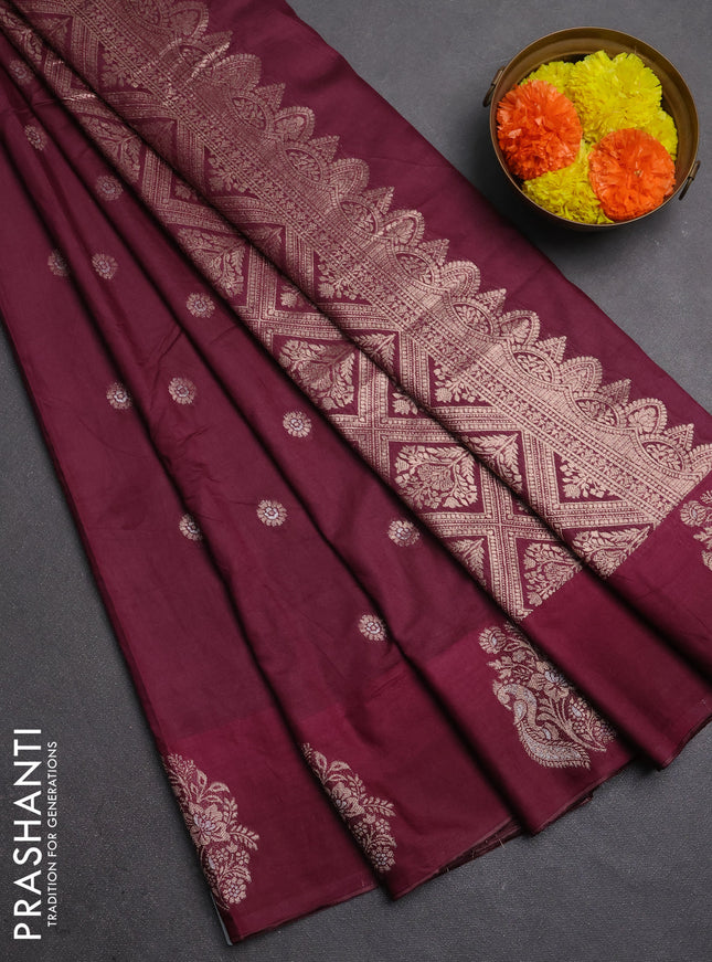 Semi chanderi saree wine shade with allover zari woven buttas and zari woven butta border