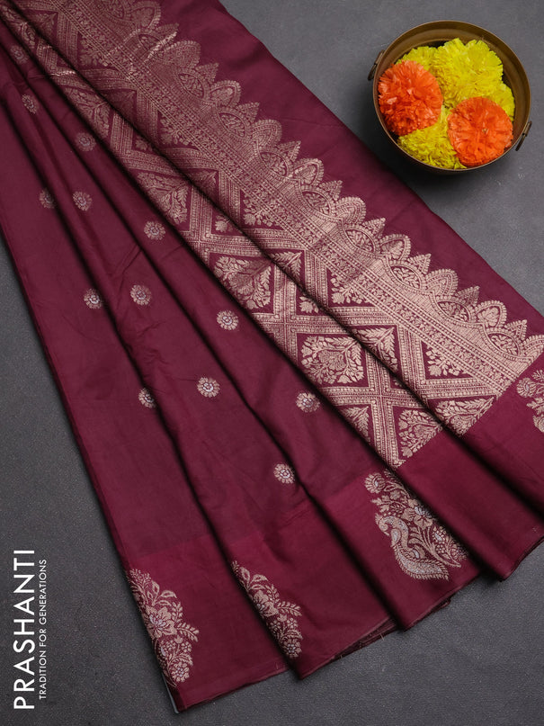 Semi chanderi saree wine shade with allover zari woven buttas and zari woven butta border
