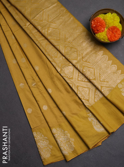 Semi chanderi saree mustard yellow with allover zari woven buttas and zari woven butta border