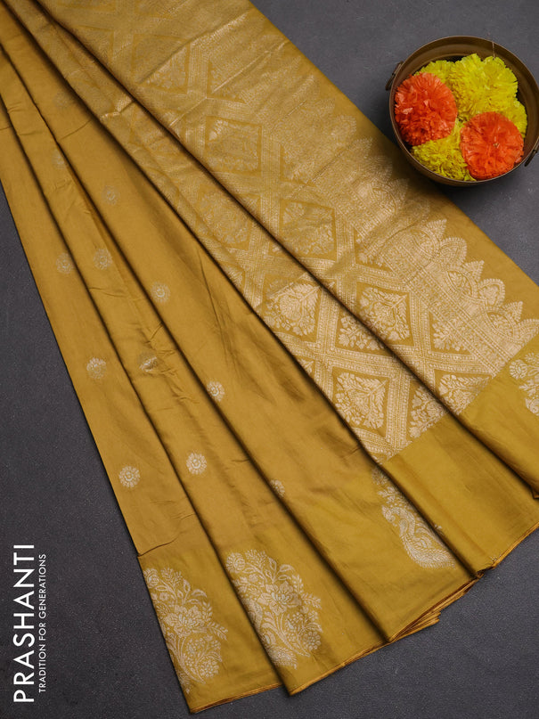 Semi chanderi saree mustard yellow with allover zari woven buttas and zari woven butta border
