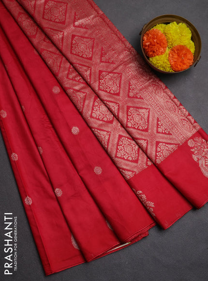 Semi chanderi saree red with allover zari woven buttas and zari woven butta border