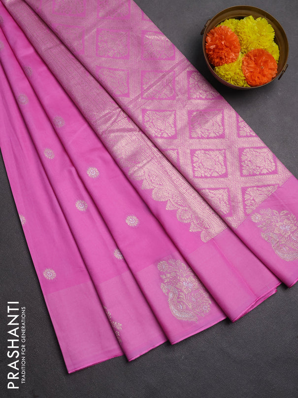 Semi chanderi saree pink with allover zari woven buttas and zari woven butta border