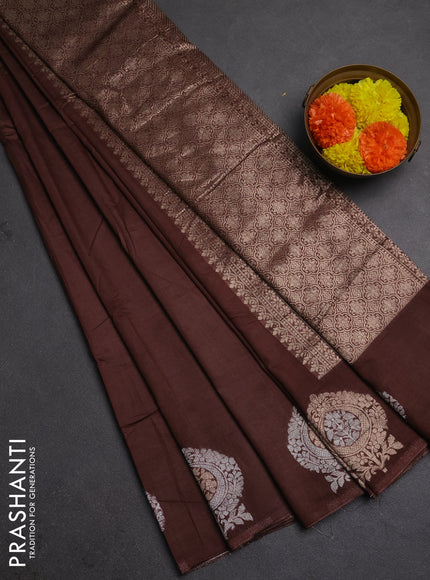 Semi chanderi saree brown with plain body and zari woven butta border