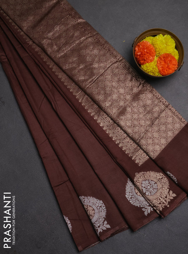 Semi chanderi saree brown with plain body and zari woven butta border