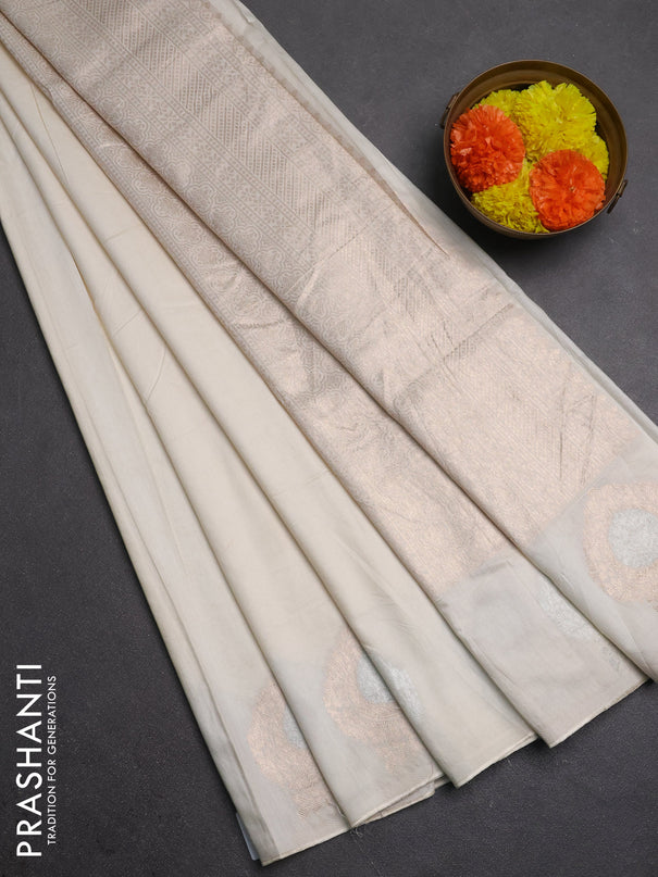 Semi chanderi saree off white with plain body and zari woven butta border