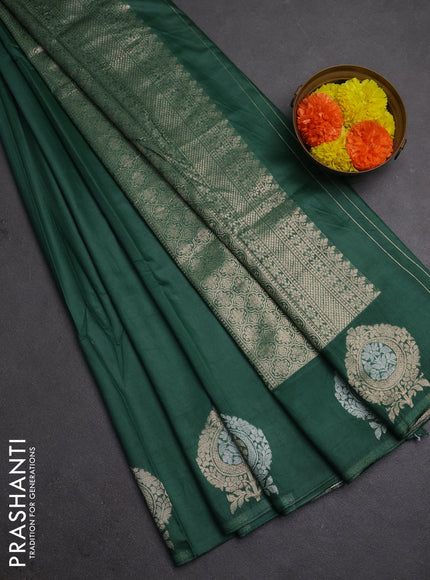 Semi chanderi saree green with plain body and zari woven butta border