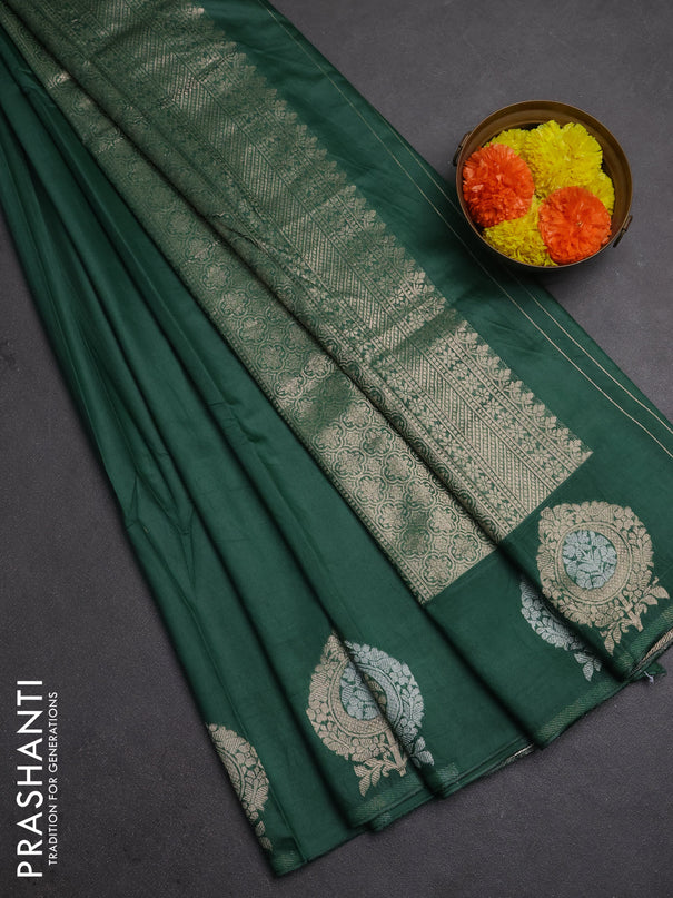 Semi chanderi saree green with plain body and zari woven butta border