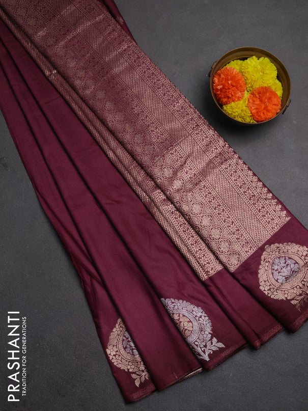 Semi chanderi saree wine shade with plain body and zari woven butta border