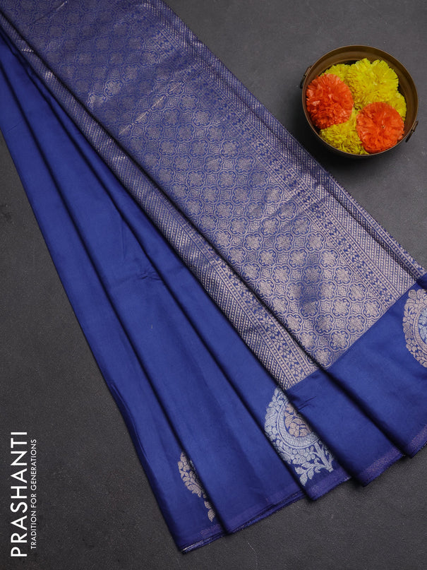 Semi chanderi saree blue shade with plain body and zari woven butta border